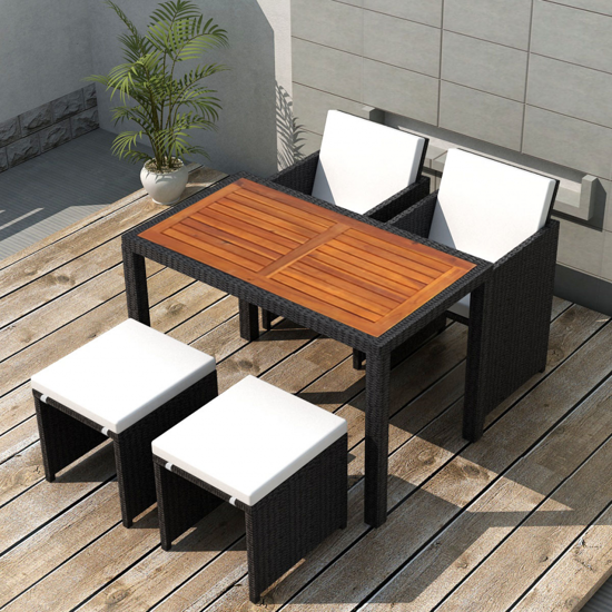 / 11 Piece Outdoor Dining Set Black Poly Rattan Acacia Wood