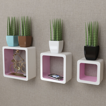 Picture of 3 White-Pink MDF Floating Wall Display Shelf Cubes Book/DVD Storage