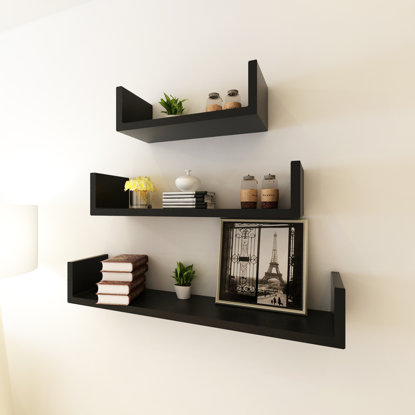 Picture of Floating Wall Shelves Display MDF U-Shaped Book/DVD Storage - 3 Black