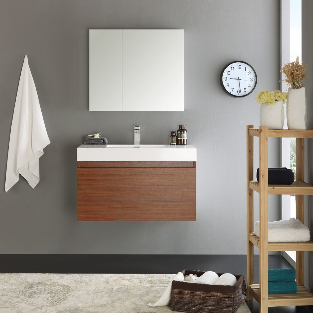 / Fresca Mezzo 36" Teak Wall Hung Modern Bathroom Vanity with Medicine