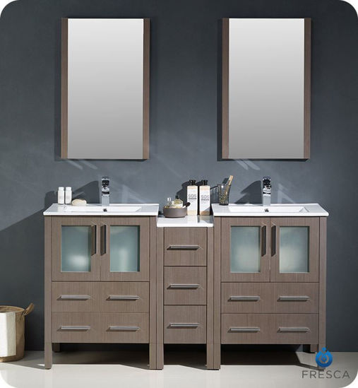 Picture of Fresca Torino 60" Gray Oak Modern Double Sink Bathroom Vanity with Side Cabinet and Integrated Sinks