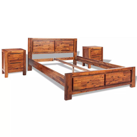 Picture of King Size Bed with Nightstands - Solid Acacia Wood - Brown