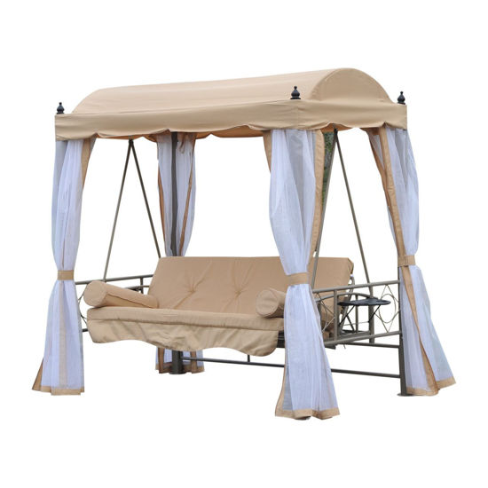 Picture of Outdoor Convertible Covered Patio Swing Bed with Mesh Side Walls - Beige
