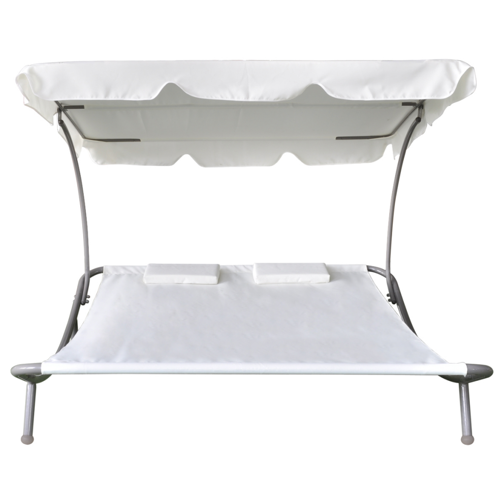 / Outdoor Double Sun Bed with Canopy & 2 Pillows Cream White