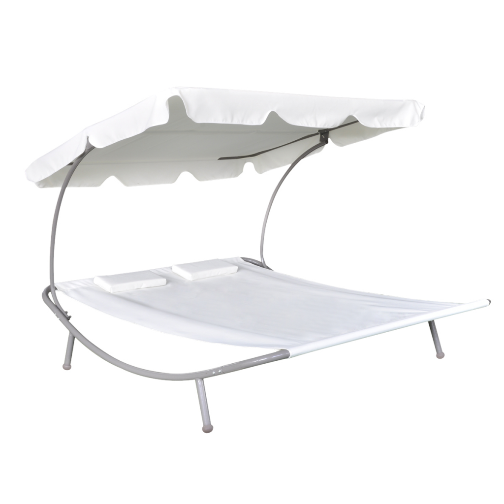/ Outdoor Double Sun Bed with Canopy & 2 Pillows Cream White