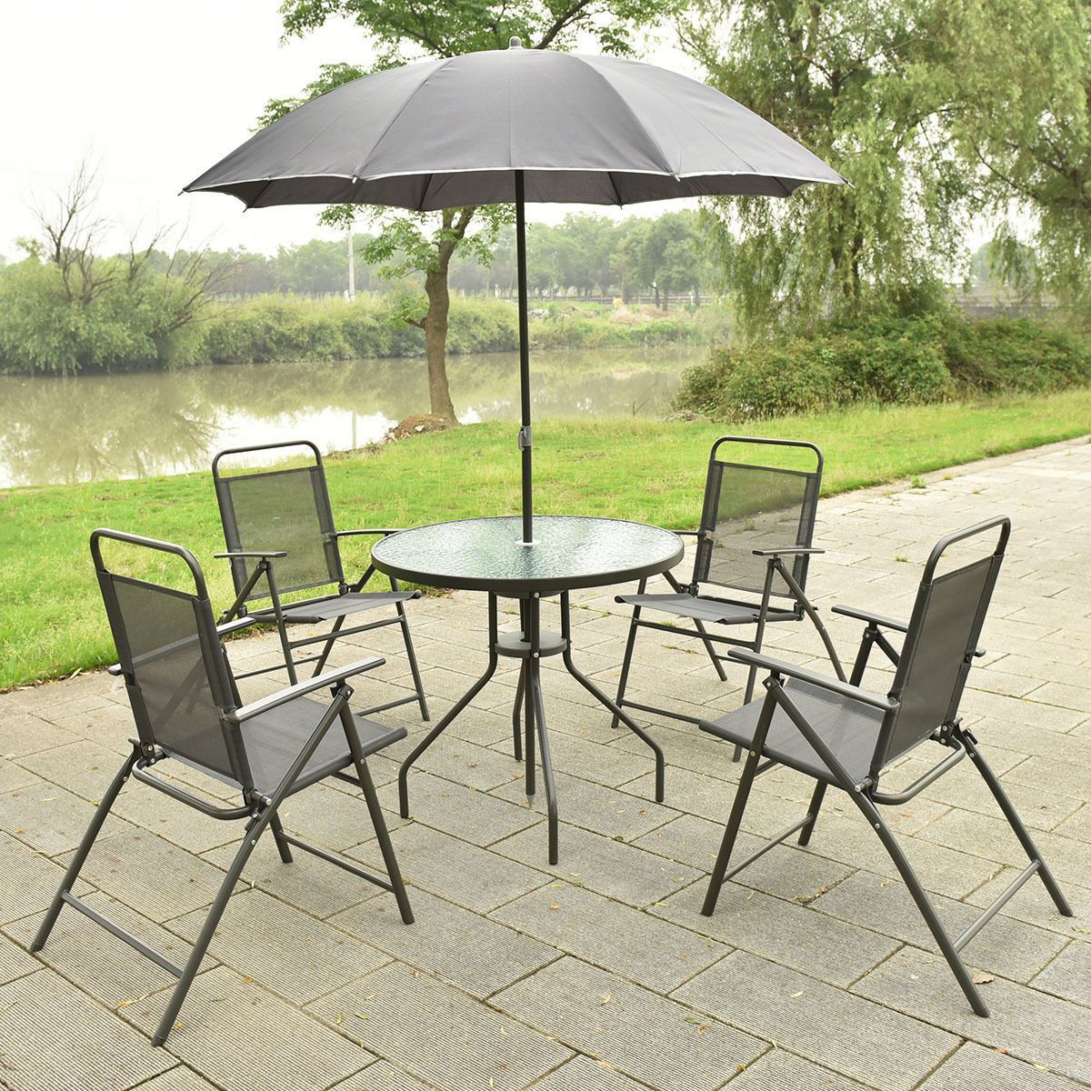 Onlinegymshop Outdoor Patio Furture Set Table With 4 Folding Chars And Umbrella Gray 6 Pieces